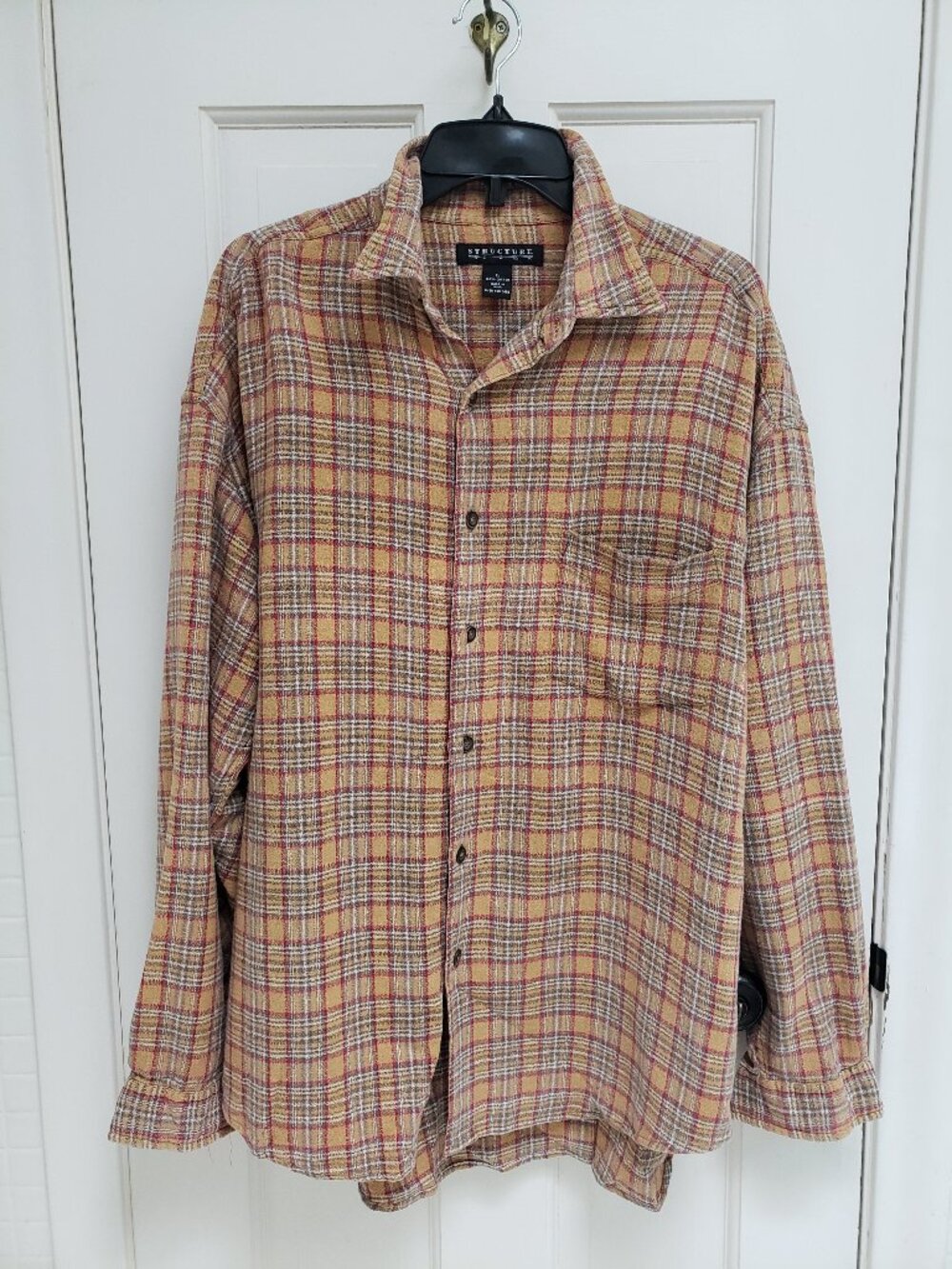 Vintage 90s Structure Heavy Cotton Flannel Shirt Mens Large Tan Plaid Y2K